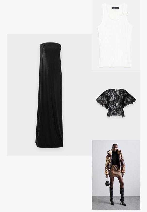 Schwarzes Spitzentop mit kurzen, ausladenden Ärmeln, Rundhalsausschnitt und gewelltem Saum. Der transparente Stoff zeigt filigrane Blumenmuster.; Weißes geripptes Tanktop mit rundem Ausschnitt und metallischem Akzent an der Schulter. Weiche Textur, figurbetontes Design und ärmelloser Stil.; Schwarzes, trägerloses Maxikleid aus glattem, glänzendem Stoff. Es hat ein figurbetontes Oberteil und eine fließende Silhouette, die den Boden erreicht, ohne Verzierungen.; Puffermantel mit einem braunen und schwarzen Muster, kombiniert mit einem mini Rock in Schlangenoptik in Braun, schwarzen kniehohen Stiefeln und einer kleinen schwarzen Tasche.; Schwarze Lederhandtasche mit einem geschwungenen Design, verziert mit silbernen Nieten, einer Schnalle und zwei seitlichen Taschen. Verstellbarer Träger für verschiedene Tragemöglichkeiten.