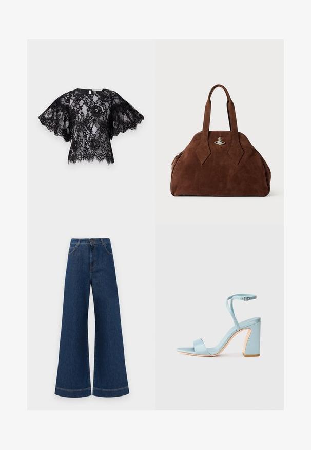 Zwarte kanttop met korte, uitlopende mouwen, een ronde halslijn en een gegolfde zoom. Transparante stof laat ingewikkelde bloempatronen zien.; Brede blauwe denimjeans met een hoge taille, voorzien van een knoopsluiting, riemlussen en subtiele stikdetails langs de zakken en zoom.; Lichtblauwe satijnen hoge hak sandalen met een vierkante neus, enkelband en een dikke blokhak. Gladde textuur en minimalistisch ontwerp.; Bruine suède handtas met een gestructureerde vorm, ronde body en verlengde ruitvormige handvatten. Voorzien van een sluiting met zilveren hardware.