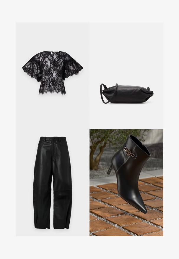 Haut en dentelle noire avec des manches courtes évasées, un col rond et un ourlet à volants. Le tissu transparent dévoile des motifs floraux complexes.; Pantalons en cuir noir à coupe ample, avec un design à jambe droite, des poches avant et des détails de couture visibles.; Bottine en cuir noir avec un bout pointu et un petit talon. Présente un accent de chaîne dorée au niveau de la cheville. Entourée d'une surface en pierre texturée.; Pochette en cuir noir de forme rectangulaire, texture lisse, fine bandoulière et design minimaliste.