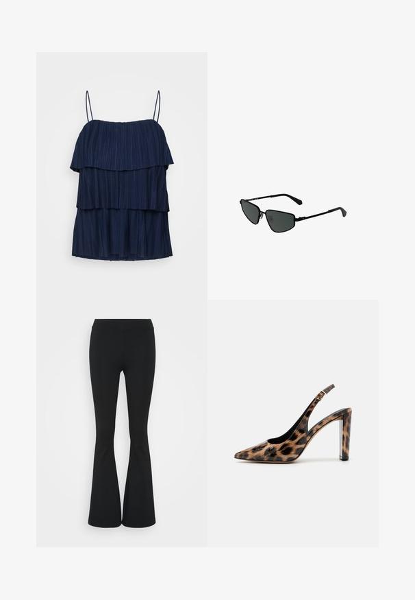 Tumši zila bez piedurknēm topiņš ar trim slāņiem ruffles un plānām regulējamām siksniņām. Izgatavots no faktūras auduma ar vertikālām krokām.; Melna ribota īsā piedurkne t-kreklā ar apaļu kakla izgriezumu. Mīksta tekstūra un pieguļošs dizains, ar taisnu apakšmalu un minimālu noformējumu.; Melnas izplešanās bikses, izgatavotas no elastīga auduma, ar augstu vidukli un gludu tekstūru. Bikses izvēršas no ceļa.; Lāču raksta slingback kurpes ar norādītu purngalu un caurspīdīgu bloku papēdi. Izgatavotas no spīdīgas masas ar gludu tekstūru.; Melnās metāla saulesbrilles ar leņķveida rāmjiem un tumšiem stikliem. Tām ir plānas, taisnas kājas un deguna spilventiņi drošai piegulšanai.