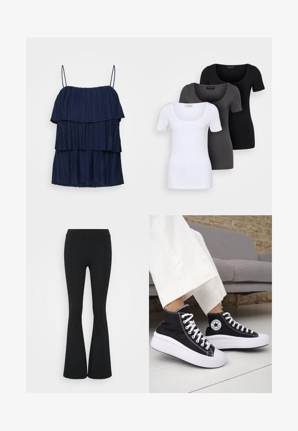 Navyblauwe mouwloze top met drie gelaagde ruffles en dunne verstelbare spaghettibandjes. Gemaakt van een gestructureerde stof met verticale plooien.; Drie getailleerde T-shirts in het wit, grijs en zwart. Elk met een brede ronde hals en korte mouwen. Gemaakt van gladde, rekbare stof.; Zwarte uitlopende broek van rekbaar materiaal, met een hoge tailleband en een gladde textuur. De broek loopt uit vanaf de knie.; Zwarte hoge sneakers met witte rubberen zolen en veters. Voorzien van een ronde logo patch en contrasterende witte stiksels. Gemaakt van canvas.