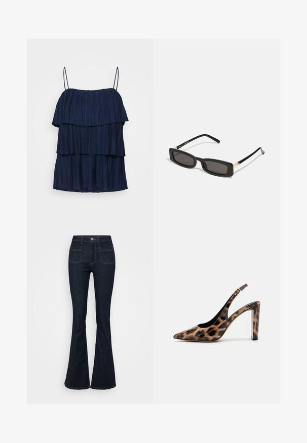 Top fără mâneci, de culoare bleu marin, cu trei volane suprapuse și baretă subțire reglabilă. Fabricat dintr-o țesătură texturată cu plisse verticale.; Blugi evazați de un albastru închis, din denim, având talie înaltă, cinci buzunare și cusături contrastante pe margini. Textură netedă.; Pantof cu toc înalt, cu imprimeu leopard, cu vârf ascuțit și toc transparent. Fabricat dintr-un material lucios, cu o textură netedă.; Ochelari de soare rectangulari negri cu lentile întunecate, rame din plastic lucios și accente aurii pe tample. Design minimalist și formă elegantă.
