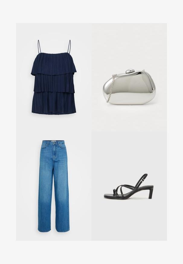Marineblaues ärmelloses Top mit drei Lagen Rüschendetails und dünnen, verstellbaren Trägern. Hergestellt aus einem strukturierten Stoff mit vertikalen Falten.; Blaue hochgeschnittene weit geschnittene Jeans mit vorderem Knopf- und Reißverschluss, vorderen und hinteren Taschen sowie genähten Säumen auf weißem Hintergrund.; Schwarze Sandale mit Riemchen, quadratischer Zehenform und niedrigem Blockabsatz. Verfügt über mehrere dünne Riemen und einen verstellbaren Knöchelriemen. Hergestellt aus glattem Leder.; Silberner Metallclutch mit einer abgerundeten, glatten Form. Verfügt über einen Verschluss und einen abnehmbaren Kettenriemen. Reflektierende Oberfläche ohne Muster.; Klare und bernsteinfarbene Harzringe, einer glatt und transparent, der andere mit einer strukturierten, bernsteinfarbenen Oberfläche. Beide haben ein abgerundetes, massives Design.