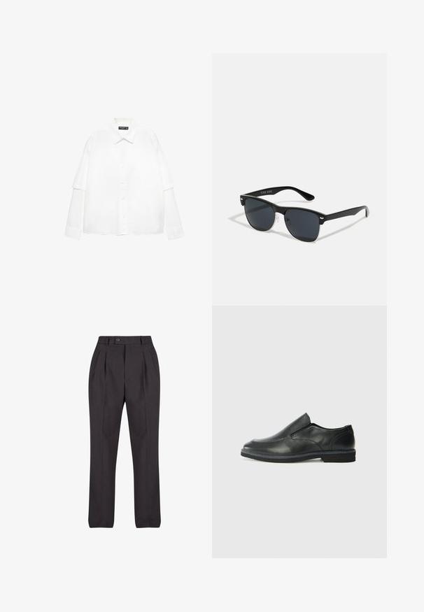 Fehér, hosszú ujjú, pamut ing, gombos elülső résszel, klasszikus gallérral és lazán illeszkedő, oversized ujjakkal.; Fekete, sima anyagból készült szabott nadrág, elöl redőzött, egy gombos záródással, egyenes szárakkal, látható minták nélkül.; Fekete bőr, slip-on cipő sima felsőrésszel, varrott díszítéssel, lekerekített orral és alacsony gumitalppal. A talpa minimális bordázattal rendelkezik.; Fekete napszemüveg, téglalap alakú, sötét lencsékkel, ezüst részletekkel a szárakon, és matt felülettel a kereten.