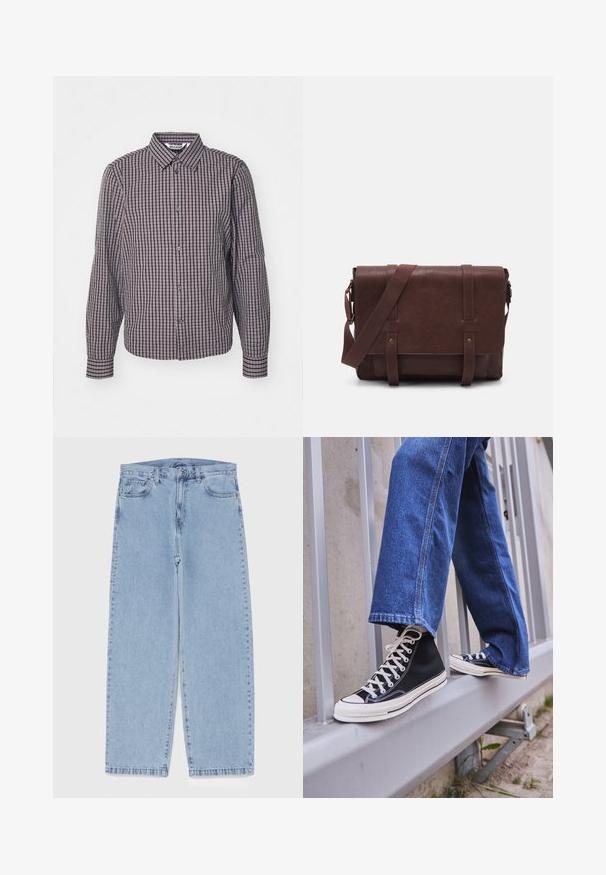 Srajca z dolgimi rokavi, z gumbki na zapenjanju, v navpičnem in vodoravnem karirastem vzorcu v temno modri in burgundski barvi, s ovratnikom in dvema sprednjima gumboma.; Bela bombažna majica brez rokavov z okroglo izrezom, širokimi naramnicami in ravnim robom, ki se ponaša z gladko teksturo in brez vidnih vzorcev.; Svijetloplave traperice s ravnim nogavicama, srednjeg struka, pet džepova te zatvaranjem na gumb i munju.; Črne visoke teniske z belim podplatom in vezalkami, v kombinaciji z ohlapnimi modrimi džinsom, naslonjene na sivo ograjo.; Rjava usnjena torba za sporočila z ravnim sprednjim poklopcem, dvema trakovoma, zlatimi kovinskimi detajli in nastavljivim naramnim pasom.; Srebrna ura iz nerjavečega jekla z okroglo zeleno številčnico, srebrnimi oznakami ur, prikazom datuma in kovinskim povezovalnim pasom. Vodoodporna do 50 metrov.