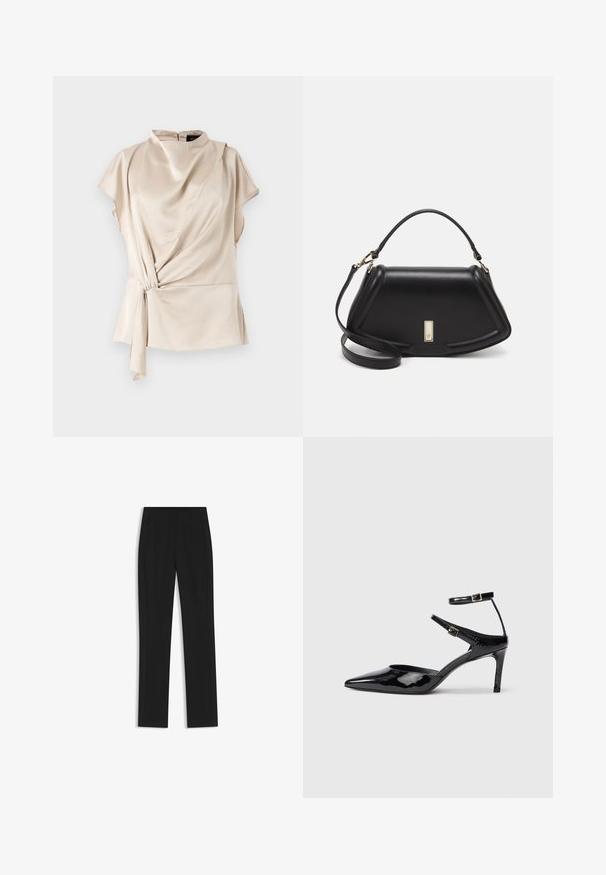 Beżowa satynowa bluzka z wysokim dekoltem, krótkimi rękawami, drapowanym przodem i szczegółem w postaci wiązania z boku; gładka tekstura i zaokrąglony dół.; Czarne spodnie o dopasowanym kroju z prostymi nogawkami, z przednimi kieszeniami i gładką, teksturowaną tkaniną. Schludne, minimalistyczne wykończenie.; Czarne lakierowane szpilki z ostrym noskiem, regulowanymi paskami wokół kostki i smukłą szpilką. Gładka tekstura z błyszczącym wykończeniem.; Czarna skórzana torebka o strukturalnym designie, z przyciętą formą, górnym uchwytem i złotymi akcentami. W zestawie regulowany pasek na ramię.