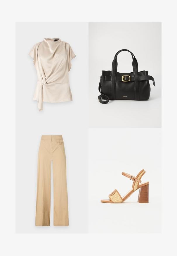 Beige satin topp med hög halshals, korta ärmar, draperad framdel och sidobindningsdetalj; slät textur och rundad nederkant.; Beiga vida byxor i bomullsmix. Har en slät yta, elastisk midja och en sidoknappdetalj.; Bruna läder- och vävt halmklackar med ankelrem, öppen tå och en kraftig träliknande klack med horisontella ränder.; Svart läderhandväska med en strukturerad design, dubbla topphandtag, detaljer i guldton med spänne och präglad logotyp framtill.