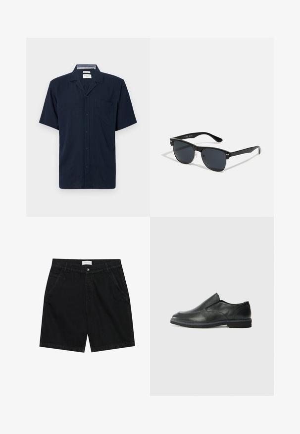 Rövid ujjú ing sötét tengerészkék anyagból, gallérral, gombos elülső résszel és egyetlen mellzsebből a bal oldalon.; Fekete farmer sort klasszikus fazonban, két elülső zsebbel, gombos záródással és címkével a deréknál. Texturált anyag.; Fekete bőr, slip-on cipő sima felsőrésszel, varrott díszítéssel, lekerekített orral és alacsony gumitalppal. A talpa minimális bordázattal rendelkezik.; Fekete napszemüveg, téglalap alakú, sötét lencsékkel, ezüst részletekkel a szárakon, és matt felülettel a kereten.