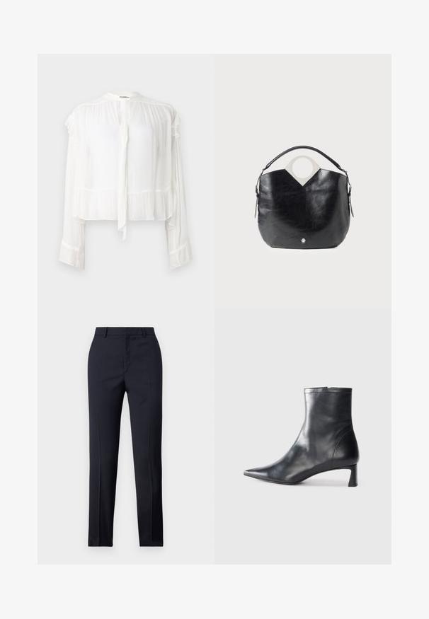 Blouse blanche à manches longues en tissu léger. Présente un col et des poignets à volants, avec un détail de nouage à l'avant. Design cropped.; Pantalons ajustés bleu marine avec une coupe droite, présentant une texture lisse, deux poches avant et une taille épurée.; Bottine en cuir noir avec un bout pointu et un design épuré. Présente un petit talon et une fermeture éclair à l'arrière. Texture lisse.; Sac en cuir noir avec une forme arrondie, une poignée supérieure circulaire et un détail de logo en argent. Texture lisse et fonction de design découpé notable.