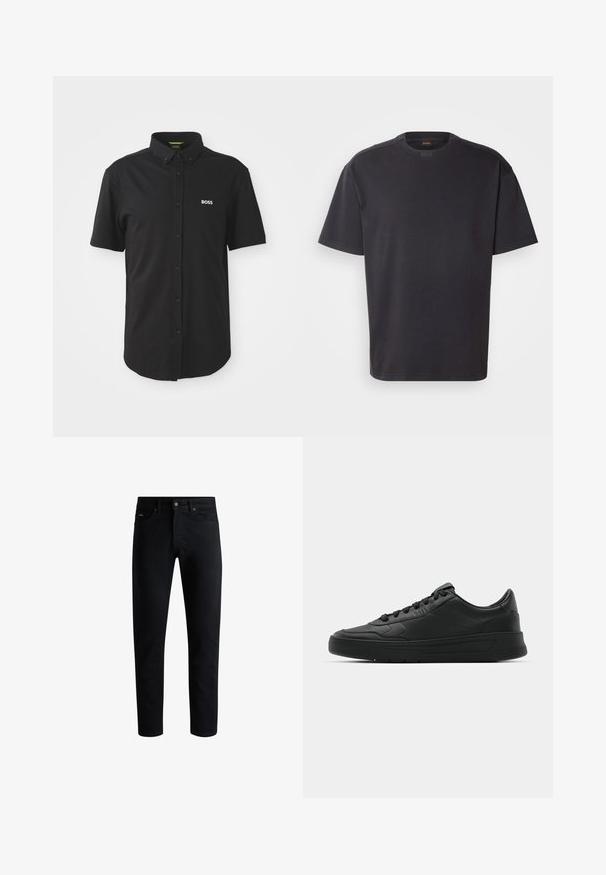 Camisa negra de manga corta con cierre de botones y un cuello puntiagudo. Presenta un logo blanco de "BOSS" en la parte izquierda del pecho. Está confeccionada con una tela suave.; Camiseta de algodón de manga corta negra, con un cuello redondo y un sutil logo en el cuello. Textura suave y corte holgado.; Vaqueros ajustados negros con cinco bolsillos, cierre de botón y trabillas para cinturón, exhibidos sobre un fondo blanco.; Zapatilla negra con parte superior de cuero liso, puntera redonda, cordones planos, cuello acolchado y diseño minimalista. Suela de goma con un patrón de relieve sutil.