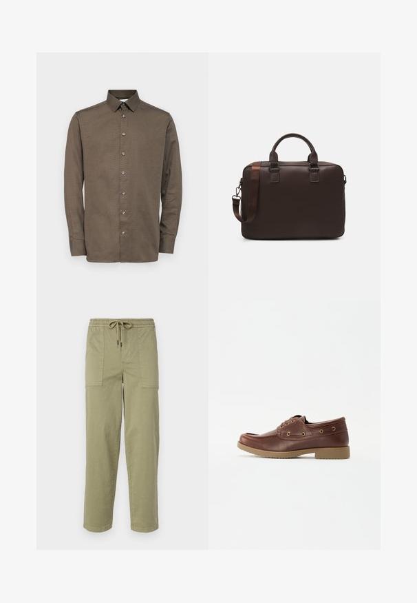 Selected Homme SLHSLIMSOHO SHIRT  - Hemd - morel; Helle olivgrüne Hose aus Baumwollmischgewebe, mit einem elastischen Bund und Kordelzug sowie zwei großen Seitentaschen.; Braune Lederbootsschuhe mit abgerundetem Zehenbereich, strukturiertem Boden, goldenen Ösen und einer Steppnaht entlang des Obermaterials für ein klassisches Design.; Braune Leder-Laptoptasche mit strukturierter Oberfläche, doppelten Obergriffen, verstellbarem Gurt und zwei vorderen Schnallen für zusätzlichen Detailreichtum.