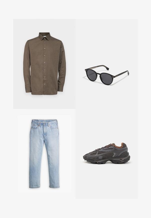 Selected Homme SLHSLIMSOHO SHIRT - Srajca - morel; Svetlo modri traper hlače z ravnim krojem, pet žepov in kontrastnim šivom. Zaklepanje z gumbom in zadrgo v pasu.; Lacoste teniske v temno sivi barvi z mrežasto in sintetično prevleko, s teksturiranim podplatom in rjavimi detajli na ovratniku ter blagovni znamki.; BOSS Sončna očala - black