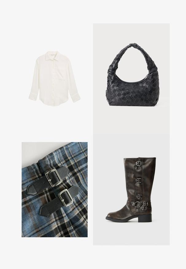 White, long-sleeve button-up shirt made of textured fabric. Features a chest pocket and a curved hem with a relaxed fit.; Plaid textile with blue, brown, and black colors, featuring two black faux leather straps with silver buckles at the waist. Zipper visible.; Brown leather knee-high boots with multiple buckles, a round toe, and a low chunky heel. Features a textured finish and adjustable straps.; Black leather woven shoulder bag with a rounded handle and crescent-shaped body on a plain background.