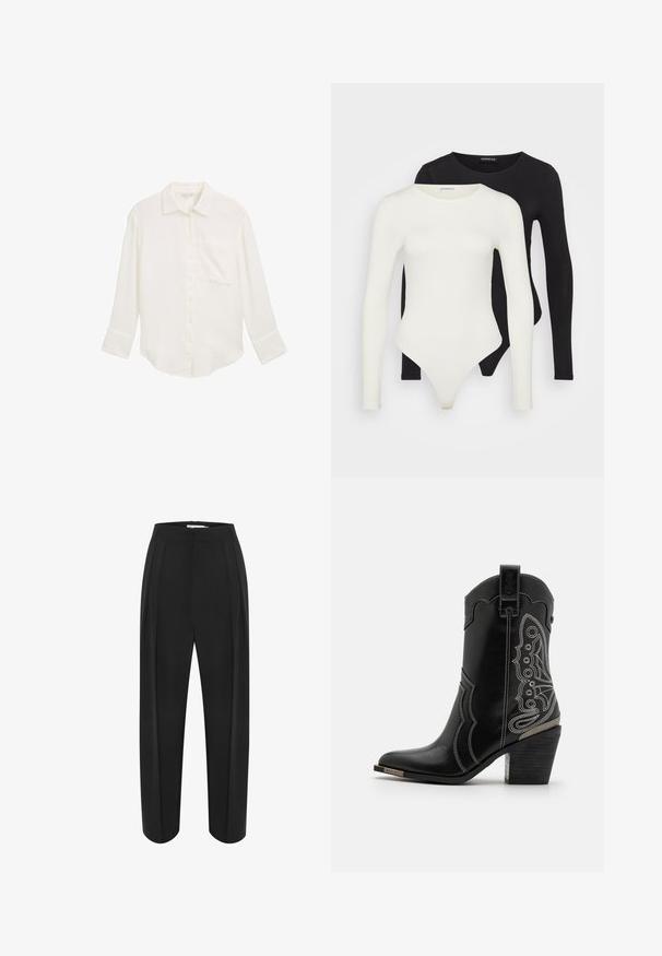 White, long-sleeve button-up shirt made of textured fabric. Features a chest pocket and a curved hem with a relaxed fit.; Two long-sleeve bodysuits in white and black. Made of smooth fabric, featuring round necklines and a thong bottom for streamlined wear.; Black wide-leg trousers with a high waist, featuring a smooth texture and two front pleats. Designed with a clean, tailored shape.; Black leather cowboy boot featuring white stitching and ornate design on the sides. The heel is chunky and textured, with a metallic accent.