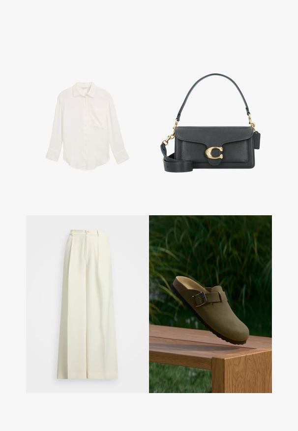 Biała, długoszeregowa koszula zapinana na guziki, wykonana z teksturowanej tkaniny. Posiada kieszeń na piersi oraz zaokrąglony dół, a jej krój jest luźny.; Spodnie z szerokimi nogawkami w odcieniu ecru, z wysokim stanem, podwójnymi plisami i zapięciem na guzik. Gładka tekstura i dopasowany krój.; Olivegreenowe zamszowe klapki na obcasie z klamrą, uniesione nad drewnianą ławką, w tle zielona trawa i rośliny.; Czarna skórzana torba na ramię z akcentami w kolorze złotym, wyposażona w charakterystyczne zapięcie, odpinany pasek na ramię oraz teksturowaną powierzchnię.