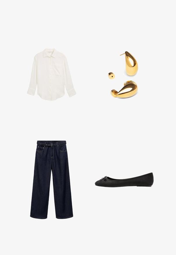 Chemise blanche à manches longues et boutons, en tissu texturé. Dotée d'une poche poitrine et d'un ourlet arrondi, avec une coupe décontractée.; Jeans larges bleu foncé en denim. Présentent une taille ceinturée avec plusieurs boutons, des poches avant et une finition soignée aux ourlets.; Ballerines en daim noir avec un bout arrondi, ornées d'un nœud décoratif à l'avant et d'une semelle plate. Texture lisse et forme classique.; Singularu DROP - Boucles d'oreilles - gold-coloured