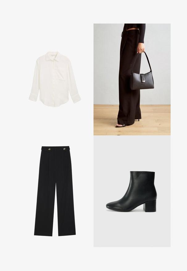 Vit, långärmad skjorta med knapplat fram, tillverkad av texturerat tyg. Har en bröstficka och en rundad fåll med en avslappnad passform.; Svarta vida byxor med hög midja, knäppdetaljer i midjan och framfickor.; Svarta läderankelstövlar med spetsig tå och kraftig klack. Slät textur med minimala accenter och en stilren, åtsittande design.; Svart handväska med strukturerad form, slät yta och metallspänne. Matchad med vida svarta byxor och sandaler med öppen tå på trägolv.