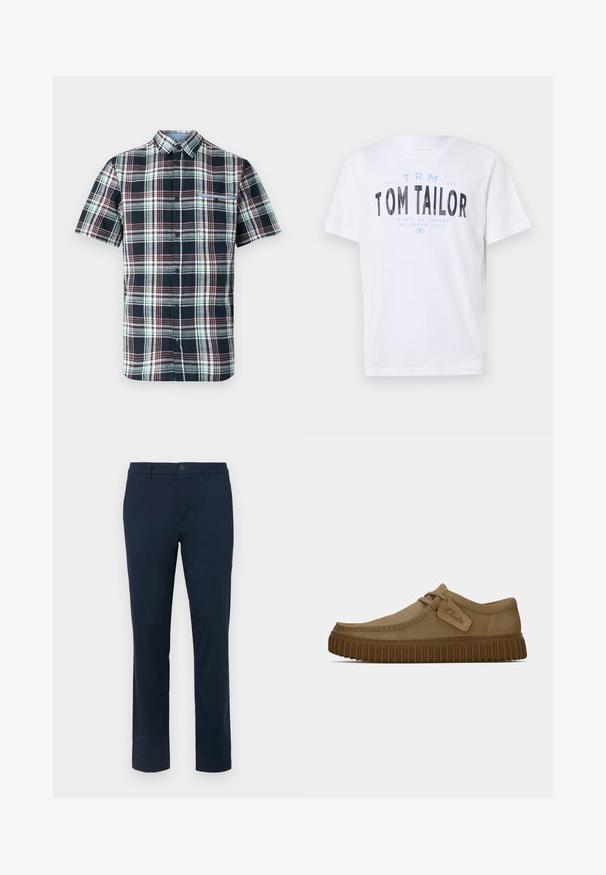 Camicia a maniche corte a quadri nei colori blu navy, verde e bordeaux, con chiusura a bottoni, colletto e una tasca sul petto. Tessuto in cotone.; T-shirt bianco in cotone con scollatura rotonda e maniche corte. Presenta testi stampati in blu e nero: "TOM TAILOR," "STREETS OF HAVANA," e numeri.; Chinos blu scuro realizzati in tessuto liscio. Design a gamba dritta con chiusura a un pulsante e passanti per cintura. Nessun motivo o accento visibile.; Scarpe in suede marrone chiaro con punta arrotondata, dettagli cuciti e suola in gomma marrone a righe. Presentano un'etichetta laterale con il logo "Clarks".