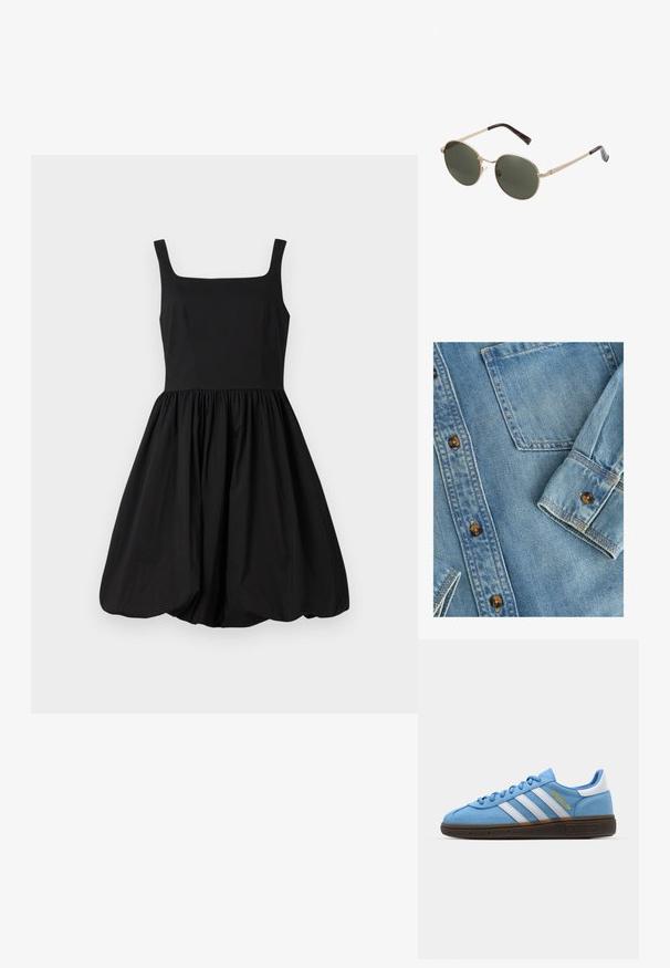 Heledat sinine teksasärg, millel on nööbid ees, üks rinnatasku ja pruuni värvi nööbid. Kangas on sileda struktuuriga ja sisaldab peent pleekimist.; Mustmustäriga kleit, millel on ruudukujuline kaelus, kitsas kehaosa ja kogutud, laienev seelik, mis lõpeb ümarate äärtega. Sile kangas.; Heledad sinised sametist tossud valgete nahkristidega, pruuni tekstureeritud tallaga ja kuldse logo detailiga. Madal disain lõpus ümarate varvastega.; Ümmargused prillid metallkuldses raamis ja tumerohelistes läätsedes. Käed on kaunistatud kilpkonnakilbi mustriga, mis lisab sisu.