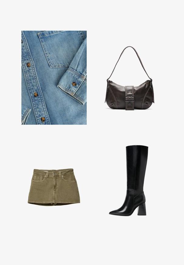 Light blue denim shirt featuring a button-down front, a single chest pocket, and brown buttons. The fabric has a smooth texture with subtle fading.; Olive green denim mini skirt with front pockets, straight cut, and button closure. Soft texture with visible stitching details.; Knee-high black leather boots with a pointed toe, smooth texture, and a chunky ridged heel for stability. Sleek design with minimal accents.; Brown leather shoulder bag with a curved shape, featuring a prominent buckle detail, contrasting stitching, and a single shoulder strap.