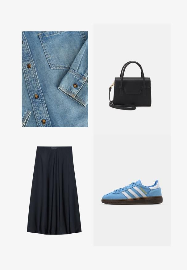 Svijetloplava traper košulja s gumbima sprijeda, jednim džepom na prsima i smeškastim gumbima. Tkanina ima glatku teksturu s blagim izblijedjenjem.; Crna suknja do koljena izrađena od lagane tkanine s lepršavim dizajnom. Ima glatku teksturu i suptilne plisirane detalje.; Svijetloplave nubuk tenisice s bijelim kožnim trakama, smešim teksturiranim đonom i zlatnim logom. Dizajn niskih tenisica s zaobljenim vrhom.; Crna strukturirana torba od kože s gornjom drškom, odvojivim remenom za rame i detaljem s prednje strane. Akcenti od zlatnog hardvera.