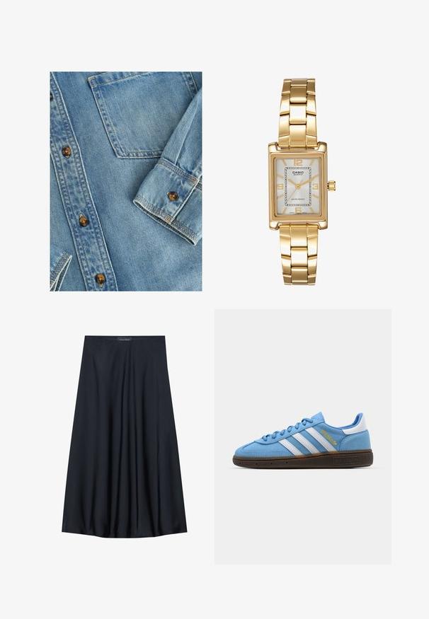 Svjetloplavi traper košulja s dugim rukavima, dugmetima sprijeda, jednim džepom na prsima i smeškanim dugmadi. Tkanina ima glatku teksturu s suptilnim izblijeđenjem.; Črna krila do kolen, izdelana iz lahkotnega blaga s sproščenim dizajnom. Ima gladko teksturo in subtilne gube za dodatne podrobnosti.; Svetlo modri semiš športni čevlji z belimi usnjenimi črtami, rjavo teksturirano podplatom in zlatim logotipom. Nizki dizajn z zaobljenim konicami.; Zlato obarvana pravokotna ročna ura z belo številčnico, srebrnimi kazalci in trdno kovinsko zapestnico. Vključena je vodoodporna funkcija.