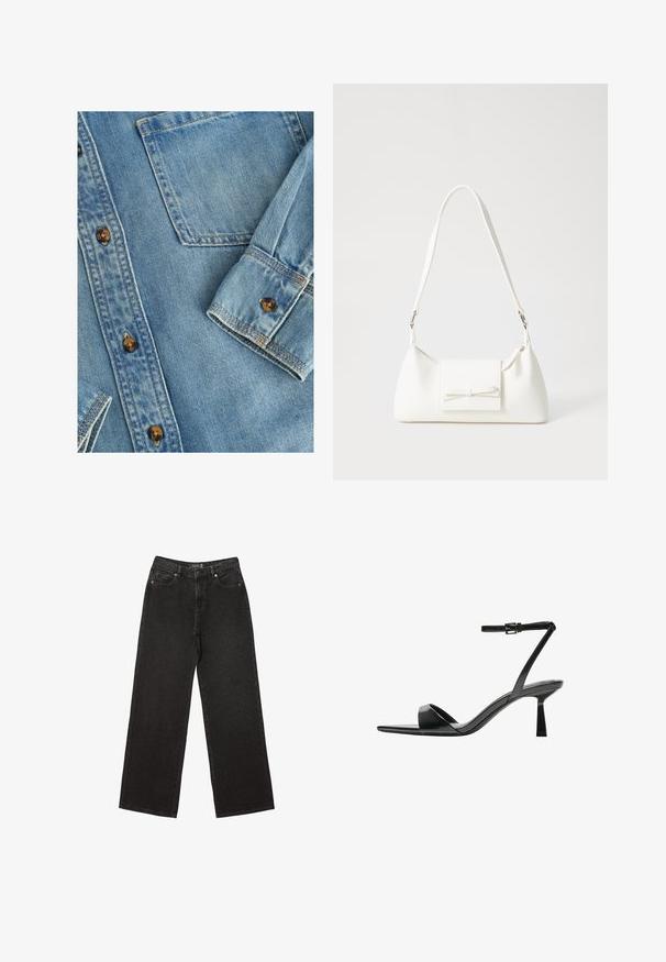 Lyseblå denimskjorte med knaplukning foran, en enkelt brystlomme og brune knapper. Stoffet har en glat tekstur med subtil falming.; Sorte brede jeans lavet af denim, med små prikkede mønstre, klassisk fem-lomme design og en knap- og lynlåslukning.; Bershka Højhælede sandaletter / Højhælede sandaler - black; Hvid syntetisk håndtaske med en trekantet form, flad forsideklap og sløjfedetalje, justerbar strop, glat tekstur og minimalistisk design.