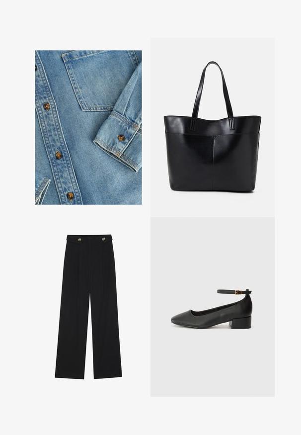 Gai zils denima krekls ar pogu piegriezumu, vienu krūšu kabatu un brūnām pogām. Audumam ir gluda tekstūra ar vieglu izbalēšanu.; Melnas platās bikses ar augstu jostasvietu, pogu detaļām uz jostas un priekšējām krokām.; Melnas ādas sūkņi ar smailu purngalu un zemu bloku papēdi. Iezīmēts ar potītes siksniņu ar zelta krāsas sprādzi. Gluda tekstūra.; Melnas ādas iepirkumu soma ar divām garām rokturām, gludu tekstūru un strukturētu formu. Iekļauj priekšējo kabatu papildu uzglabāšanai.