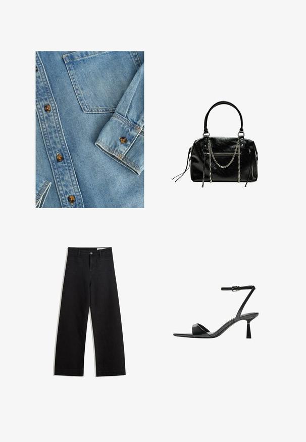 Vaaleansininen farkkupaita, jossa on napitettava etuosa, yksi rintatasku ja ruskeat napit. Kangas on sileä ja siinä on hienovaraista haalistumista.; Mustat leveät farkut korkealla vyötäröllä, joissa on etu- ja takataskut, ommellut saumat ja nappisuljenta. Silkinoinen rakenne.; Bershka Korolliset sandaalit - black; Bershka WITH CHAIN - Käsilaukku - black