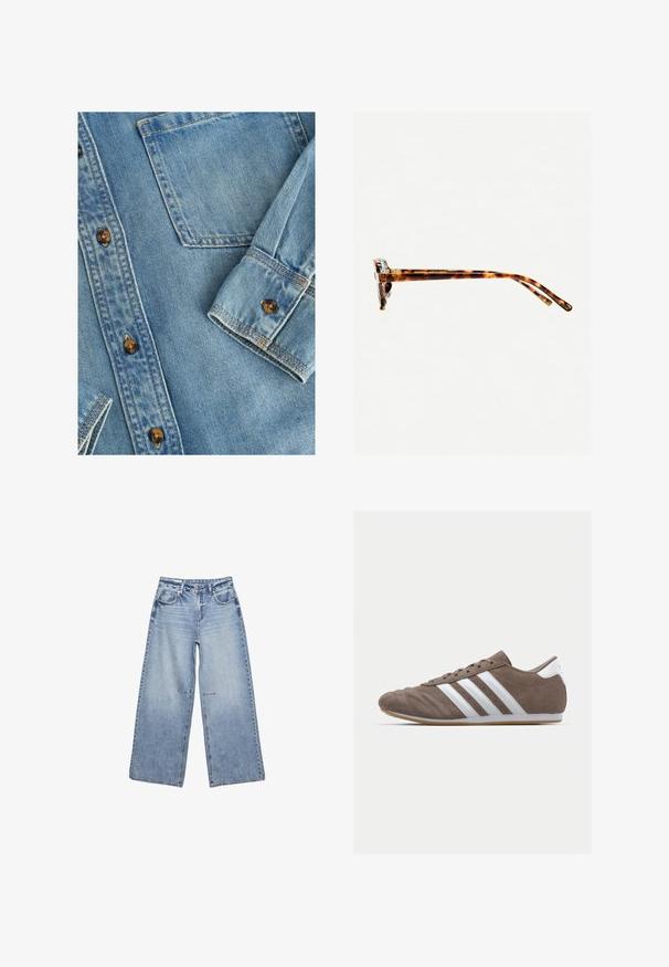 Helle blaue Denim-Hemd mit durchgehender Knopfleiste, einer einzelnen Brusttasche und braunen Knöpfen. Der Stoff hat eine glatte Textur mit dezentem Verblassen.; Hellblaue weit geschnittene Jeans aus Denim, mit hoher Taille, fünf Taschen und sanften Verwaschungen, mit rohen Säumen.; Braune Wildleder-Sportschuhe mit weißen Streifen, runder Zehenform, Schnürdesign und Gummisohle. Strukturiertes Obermaterial mit Nahtdetails.; Schildpatt-Sonnenbrille mit dickem Rahmen, leicht gebogenen Bügeln und glatter Textur. Sie präsentiert ein klassisches Design mit glänzender Oberfläche.; Weiße synthetische Handtasche in dreieckiger Form, flache Vorderklappe und Schleifendetail, verstellbarer Trageriemen, glatte Textur und minimalistisches Design.