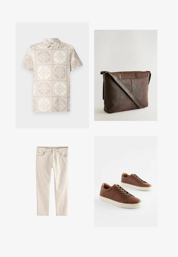 Lyhythihainen napillinen paita vaaleassa beigen sävyssä, jossa on toistuva kukkakuosi. Valmistettu kevyestä kankaasta, joka antaa luonnollisen ja tekstuuripintaisen ilmeen.; Vaaleanbeiget slim-fit farkut suoran lahkeiden kanssa, viisi taskua, nappi- ja vetoketjukiinnitys sekä vahvistetut ompeleet saumoissa.; Ruske nahkakevadelise disainiga tennised sileda tekstuuriga, valged kummist tallad ja sobivad pruuni värvi paelad. Ümar nina disain minimaalsete õmblusdetailidega.; Ruskea nahkainen olkalaukku, jossa on teksturoidulla läpällä varustettu kansi, pitkä säädettävä hihna ja näkyvät ompelusaumat. Sileä, mattapintainen viimeistely.