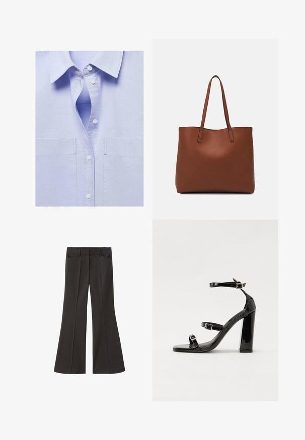 Mango Hemdbluse - light blue; Schwarze, weit geschnittene Hosen mit hoher Taille; verfügt über zwei Fronttaschen und eine glatte Stoffoberfläche. Geeignet für verschiedene Anlässe.; Schwarze Lackleder-Sandalen mit hohen Absätzen, zwei Riemen mit Schnallen, quadratischer Zehenpartie und klobigem Blockabsatz, mit einer glatten, glänzenden Textur.; Braune Leder-Tote mit glatter Textur, offenem Oberteil und zwei Schulterriemen. Verfügt über minimale Nähte und keine sichtbaren Beschläge.