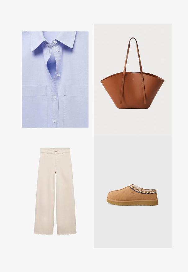 Mango Cămașă - light blue; Jeans bej cu picioare largi și talie înaltă, cu închidere cu buton, buzunare frontale și tiv desfăcut. Fabricate din material denim.; Shoe slip-on din suede bej, cu o căptușeală textilă din lână și broderie decorativă de stil etnic în jurul gulerului. Prezintă o talpă din cauciuc.; Geantă tote din piele maro, cu o formă largă și bine structurată, mânere subțiri și un finisaj texturat. Prezintă un design minimalist, fără hardware vizibil.