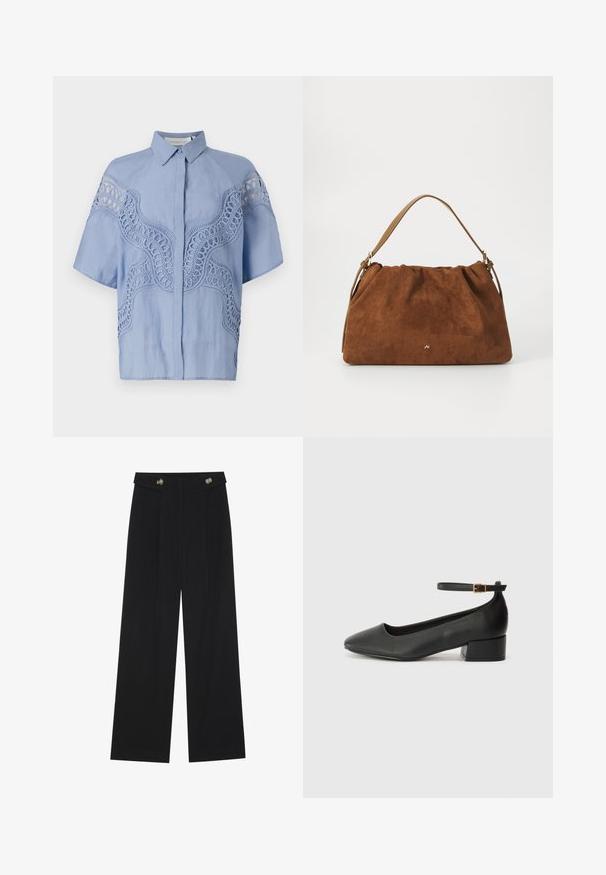 Lyseblå kortermet bluse med knappestilling foran. Har intrikate broderte detaljer og utskjæringer over skuldrene og brystet.; Svart vide bukser med høy midje, knappdetaljer på midjebåndet og frontplisser.; Sorte skinnpumper med spiss tå og lav blokkhelt. Har ankelrem med gullfarget spenne. Glatt tekstur.; Brun semsket håndveske med en samlet design, som har en enkelt tan lærrem og en subtil gull logo detalj på forsiden.