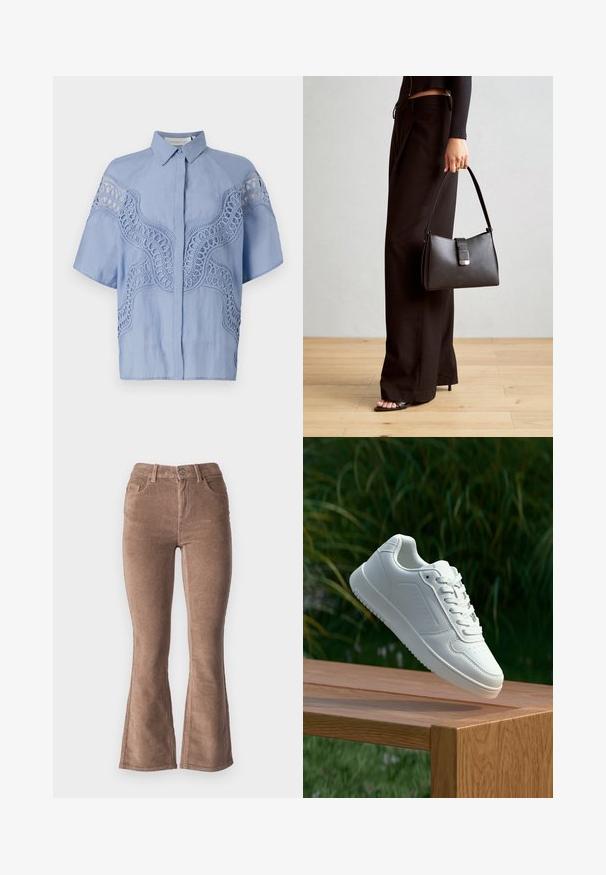 Šviesiai mėlyna trumpomis rankovėmis palaidinė su mygtukų uždarymu. Yra sudėtingas siuvinėjimas ir išpjovimai ant pečių bei krūtinės.; Rudi aksai flared kelnės su šonkauliuota tekstūra, turinčios aukštą juosmenį, penkias kišenes ir priekinį mygtuko uždarymą.; Balti sneakeriai su lygia sintetine viršutine dalimi, perforuota pirštų zona, plokščiomis raištelėmis ir tekstūruotu padu, padėti ant medinės paviršiaus.; Juodas rankinė struktūrizuota forma, lygi tekstūra ir metalinis užsegimas. Suporuota su plačiomis juodomis kelnėmis ir atvirais bateliais ant medinių grindų.