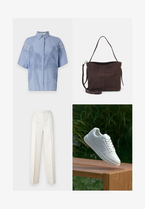 Blusa azzurra a maniche corte con bottoni sul fronte. Presenta un intricato design ricamato e dettagli a taglio lungo le spalle e il petto.; Pantaloni color crema con vestibilità sartoriale, dotati di gamba dritta, tessuto liscio, pince frontali e orlo pulito. Design minimalista.; Sneaker bianco con tomaia in sintetico liscio, punta perforata, lacci piatti e suola testurizzata, esposto su una superficie di legno.; Borsa a spalla in suede marrone con una texture morbida, caratterizzata da una singola tracolla e un'apertura superiore leggermente curvata. Nessun dettaglio hardware visibile.