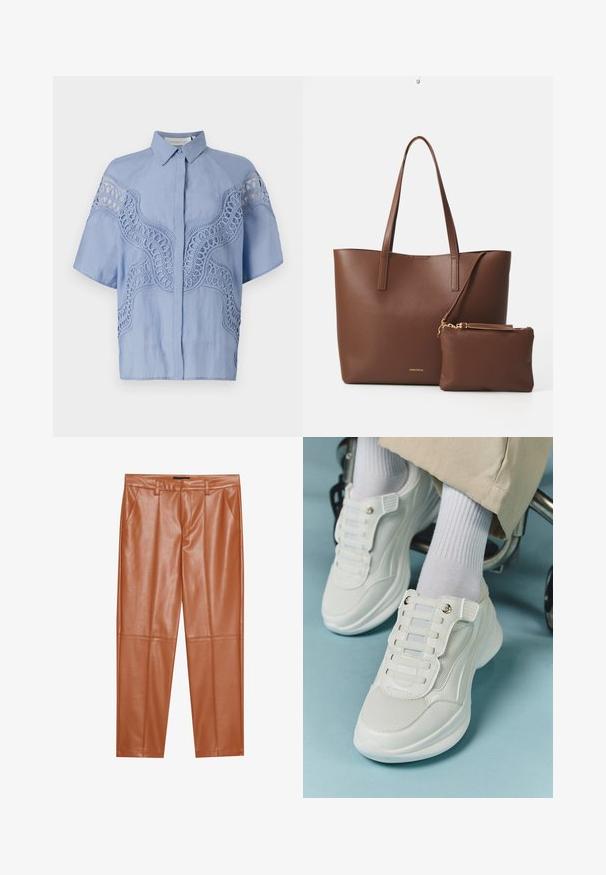 Light blue short-sleeve blouse with a button front. Features intricate embroidered design and cut-out detailing along the shoulders and chest.; Brown faux leather trousers with a tailored fit, featuring front pleats and straight legs. Smooth texture with no visible hardware or accents.; White sneakers featuring a mesh material, rubber sole, lace-free design with elastic bands, and gold-toned accents.; Brown faux leather tote bag with two long handles and a matching small pouch. The surface features a textured pattern and gold hardware accents.