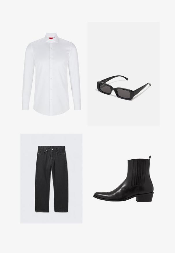 White long-sleeve button-up shirt made of smooth cotton. Features a classic collar, full button placket, and rounded hemline.; Black denim jeans with a straight-leg cut, featuring a button fly, five pockets, and copper-toned hardware accents. Smooth texture.; Black leather ankle boot with a pointed toe, elastic side panels, vertical stitching accents, and a low block heel.; Black rectangular sunglasses with dark lenses, glossy finish, wide arms, and a chunky frame design. Engraved brand name on one arm.