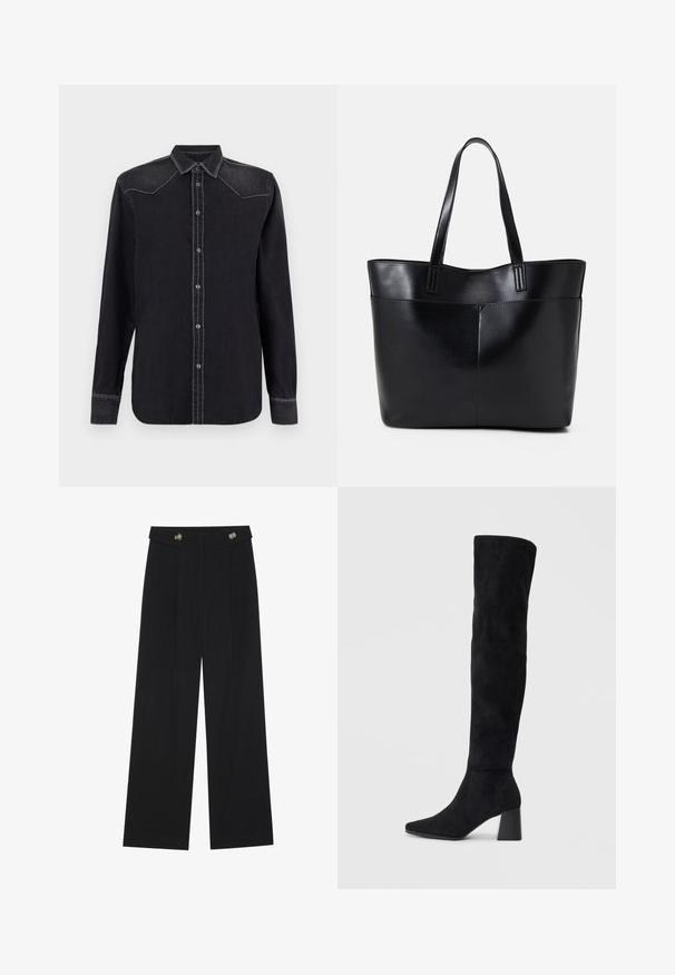 Replay SHIRT - Skjortebluse - black; Svart vide bukser med høy midje, knappdetaljer på midjebåndet og frontplisser.; Sorte semskede knelang støvel med blokk-heelsk, spiss tå og glatt, sømløst design på en ensfarget lys bakgrunn.; Svart lær toteveske med to lange håndtak, en glatt tekstur og en strukturert form. Har en frontlomme for ekstra oppbevaring.