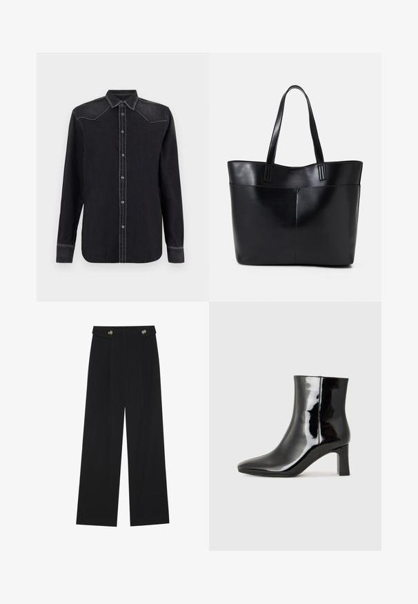 Replay SHIRT - Button-down blouse - black; Black wide-leg trousers with high waist, button details on waistband, and front pleats.; Black patent leather ankle boot with a pointed toe and a mid-height block heel. Smooth texture and minimalist design.; Black leather tote bag with two long handles, a smooth texture, and a structured shape. Features a front pocket for additional storage.