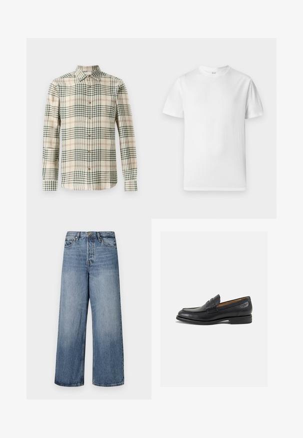 Srajca s gumbki v bež barvi z zelenim in oranžnim karirastim vzorcem. Ima dolge rokave in klasičen ovratnik. Narejena je iz teksturiranega blaga.; Bela kratka majica s kratkimi rokavi iz mehke bombažne tkanine. Ima okrogle izreze in ravno rob s minimalnimi detajli.; Široke modre denim hlače s blago obrabljenim tonom, zasnovo s petimi žepe in z gumbom za zapiranje. Opremljene so z zankami za pas in šivanjem detajlov.; Črne usnjene loafers cipele z gladko površino, zaobljenim nosom in dekorativnim šivom na vampu. Nizek zloženi peti in rahla sijaj.