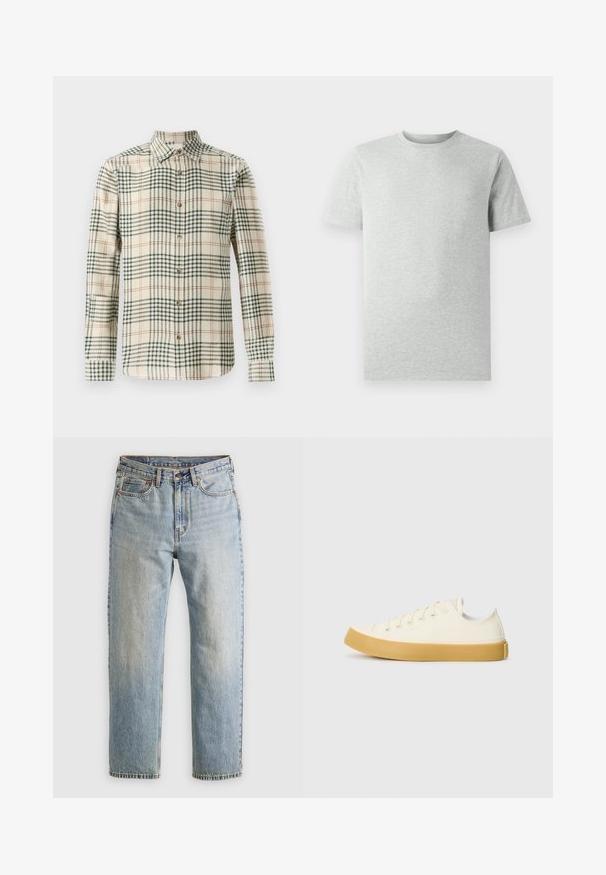 Kreemikattega nööbid-up särk, millel on roheline ja oranž ruuduline muster. Omab pikki varrukaid ja klassikalist kraed. Valmistatud tekstureeritud kangast.; Ühtlane heledahall lühikeste varrukatega ümmarguse kaelusega T-särk, esiplaanil, valge tausta ees, ilma nähtavate logode või kujunditeta.; Heledad hele sinine teksapükste kõrge vöökoht, ees nupuga, lukuga ja viie taskuga disain, asetatud tasasele neutraalsele taustale.; Kangasneakerid kreemjas valges, ümmarguse varbaga, beeži kummitaldaga ja viie silmaga paelte jaoks, tekstuurse viimistlusega ülaserv.