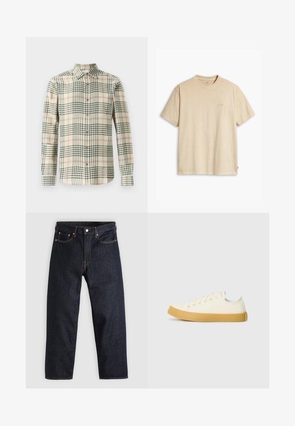 Beige Hemd mit grünem und orangefarbenem Karomuster. Verfügt über lange Ärmel und einen klassischen Kragen. Hergestellt aus strukturiertem Stoff.; Beige Baumwoll-T-Shirt mit Rundhalsausschnitt und kurzen Ärmeln. Verfügt über ein dezentes "Levi's"-Logo in der gleichen Farbe auf der Brust. Weiche Textur.; Dunkelblaue Jeans aus Denim mit geradem Schnitt, fünf Taschen, kontrastierenden orangen Nähten und einem Knopfverschluss. Keine sichtbaren Muster oder Verzierungen.; Leinensneaker in Off-White mit runder Zehenpartie, ausgestattet mit beigen Gummisohlen und fünf Ösen für Schnürsenkel, mit strukturiertem Finish auf dem Obermaterial.
