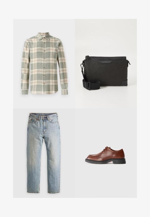 Beige napapaita, jossa on vihreä ja oranssi ruutukuosi. Varusteena pitkät hihat ja klassinen kaulus. Valmistettu teksturoidusta kankaasta.; Vaaleansininen farkut, joissa on korkea vyötärö, etunappi, vetoketju ja viisi taskua, asetettu tasaisesti neutraalille taustalle.; Ruske nahkasaapad ümmarguse varbaga, kontrastsete õmblustega, nööriga sulgemisega disain ja tekstuuriga must kummist tallaga.; Mustassa nahkaisessa ristiselkärepussa on tekstuuripinta, vetoketjukiinnitys ja säädettävä olkahihna. Etupuolella logo-patch. Suorakulmainen muoto.