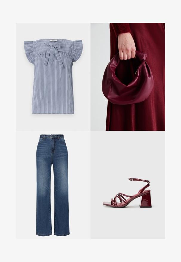 Blusa a righe azzurra chiara con maniche a cappuccio, caratterizzata da un nodo al collo, tessuto texturizzato e una vestibilità rilassata.; Jeans in denim blu con gamba larga e vita alta, caratterizzati da due accessori a fibbia metallica, sfumature leggere e classico design a cinque tasche.; Sandali con tacco in vernice borgogna con punta quadrata, caratterizzati da più cinturini intrecciati e un tacco a blocco robusto. Cinturino alla caviglia regolabile.; Borsa in pelle bordeaux con un design morbido e arricciato e una forma arrotondata. Il manico è fissato, mostrando una texture liscia.