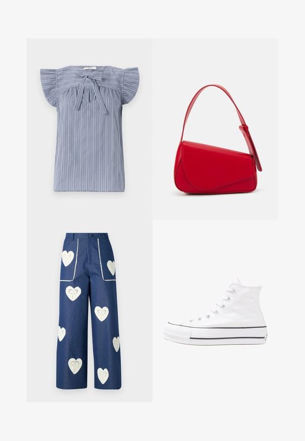 Lyseblå stribet bluse med cap ærmer, designet med en bindebånd ved halsudskæringen, fremstillet af et tekstureret stof og med en afslappet pasform.; Sister Jane HEART TO HEART - Jeans Straight Leg - blue denim; Hvide høje kanvas sneakers med sort gummisål, gummitåhætte foran og seks øjehuller til snørebånd, der har et rent, minimalistisk design.; Rød læderhåndtaske med et kantet, geometrisk design. Har en enkelt justerbar rem og en klaplukning med syede detaljer.