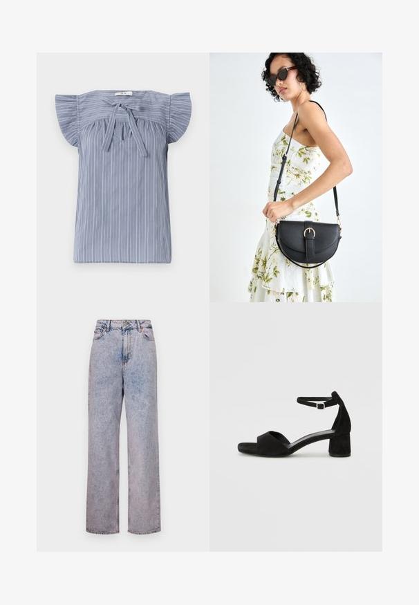 Heledad helesinine triibuline pluus kapustega, kaelaosa sidumisega, tekstuuriga kangast ja vabalt langev lõige.; Heledad sinine teksapüksid, millel on lõtva sirge sääre lõige, kõrge vöökoht, viie taskuga disain ja pronksist nööbid.; Mustad nahast kontsad avatud varvastega, millel on õhuke pahkluu rihm ja tagasihoidlik plokkkonts. Sile tekstuur ja minimaalsed aksessuaarid.; Mustmust mustraha kõverate joontega, eemaldatava rihmaga ja kuldsete detailidega. Kotil on klapp, millel on pandladetail.