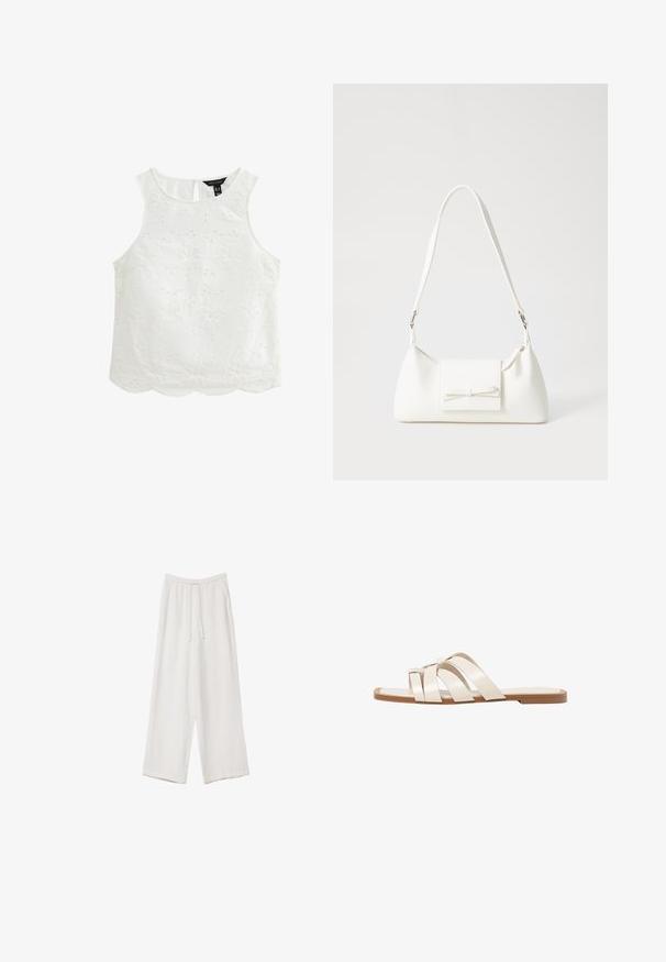 Biała bezrękawnikowa bluzka z kwiatowym haftem, falbaniastym dołem i wycięciem z tyłu. Wykonana z lekkiego materiału z teksturowanymi wzorami.; Białe spodnie o szerokich nogawkach wykonane z lekkiego materiału. Posiadają elastyczny pas z sznurkiem i boczne kieszenie. Gładka tekstura.; Płaskie sandały z brązową gumową podeszwą, zaprojektowane z trzema nakładającymi się na siebie białymi skórzanymi paskami i małym detalem w postaci kokardy na środku.; Biała syntetyczna torba o trójkątnym kształcie, płaskim przednim klapce i detalach w postaci kokardy, regulowanym pasku, gładkiej fakturze oraz minimalistycznym designie.