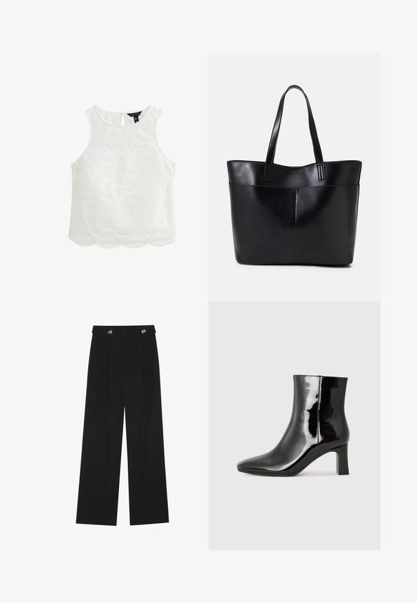 White sleeveless top with floral embroidery, scalloped hem, and keyhole back. Made from lightweight fabric with textured patterns.; Black wide-leg trousers with high waist, button details on waistband, and front pleats.; Black patent leather ankle boot with a pointed toe and a mid-height block heel. Smooth texture and minimalist design.; Black leather tote bag with two long handles, a smooth texture, and a structured shape. Features a front pocket for additional storage.