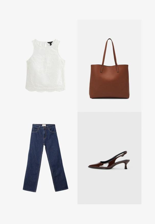 Top bianco senza maniche con ricami floreali, orlo scallop e schiena a chiave. Realizzato in tessuto leggero con motivi testurizzati.; Jeans dritti blu scuro con tasche frontali, passanti per cintura e chiusura con bottone.; Scarpa slingback in pelle verniciata marrone con punta affusolata e tacco moderato. Presenta una fascia con fibbia per una calzata sicura. Tessuto liscio.; Borsa tote in pelle marrone con texture liscia, design con apertura superiore e due spallacci. Presenta cuciture minime e nessun hardware visibile.